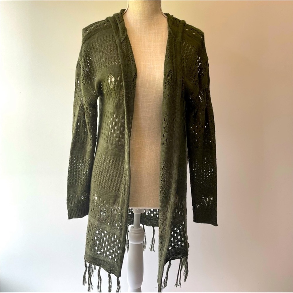 Moral Fiber Olive Green Hooded & Fringed Cardigan; L